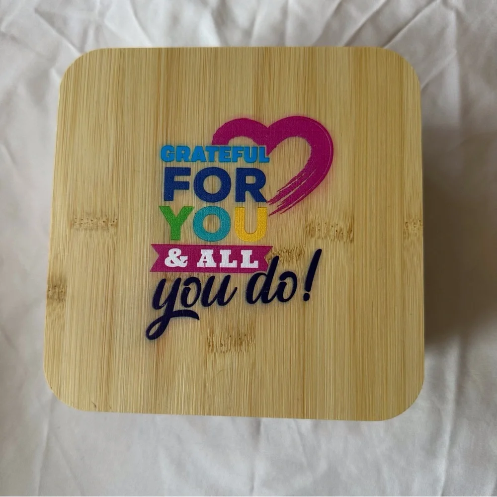 Food container with‎ wood lid, reusable utensils set and strap for closure